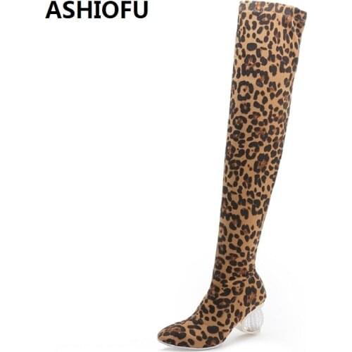 ASHIOFU New Ladies High Heel Boots Sexy Club Leopard Thigh High Boots Winter Slim Fashion Evening Over Knee Boots Shoes
