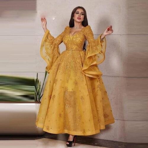 Lorie Gold Lace Appliques Formal Evening Dresses for Women 2020 Long Sleeve Back Lacing Prom Dress Long Dubai Arabic Party Dress