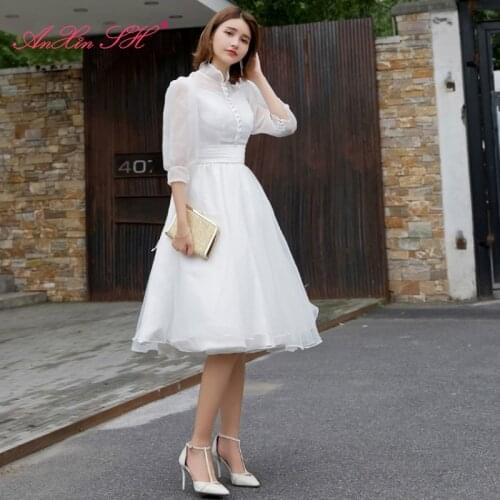 AnXin SH Luxury princess white lace evening dress vintage high neck illusion beach big bow evening dress 100% real photo