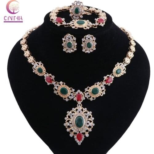 Gold color Crystal Plum blossom Necklace Bracelet Womens Earrings Ring Set For Nigerian Wedding African Beads Jewelry Set