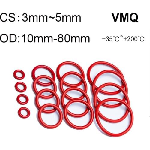 10Pcs CS 3mm/3.5mm/4mm/5mm Red VMQ Silicone Ring Gasket Food Grade Rubber O-Rings OD 10mm-80mm
