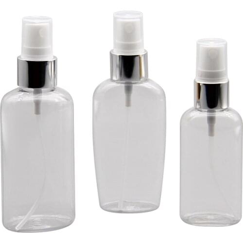 50ML 60ML 100ML X 50 Spray Perfume Flat Bottles Makeup Silver Collar Spray PET Container Bottle Cosmetics Packaging Container