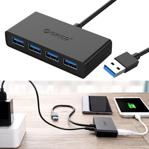 Black Ultra Slim 4-Port USB 3.0 Hub Splitter w/Power Supply Port High Speed Adapter for PC/Laptop