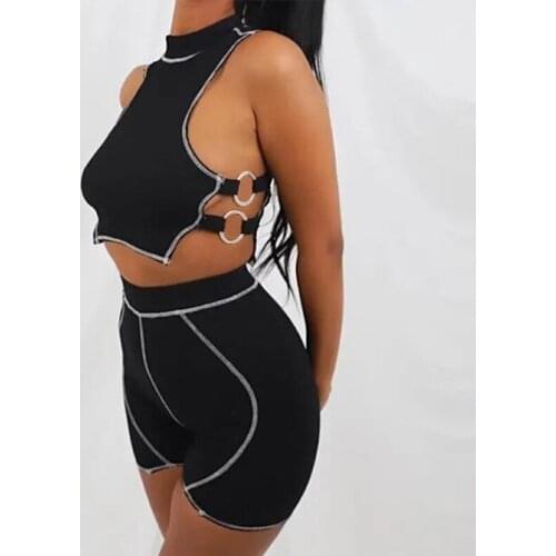 DSMTRC Women Buckle Sling Crop Tank+Shorts Matching Outfits Female Active Streetwear Summer Cut Out Knitted Hollow Two Piece Set