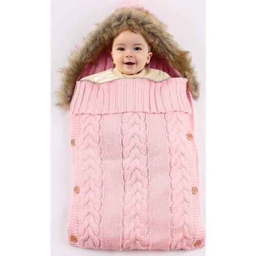IYEAL Hooded Fur Newborn Baby Sleeping Bags Spring Autumn Outdoor Infant Stroller Sleep Sack Cable Knitted Toddler Swaddle