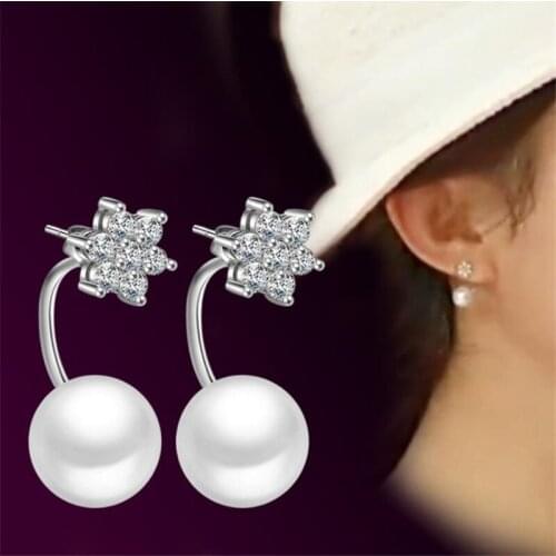KOFSAC New Lucky Snowflake Earring 925 Sterling Silver Stud Earrings For Women Crystal Stones Pearl Jewelry Girl Best Gifts