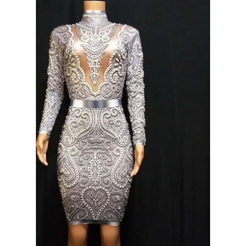Fashion Gray Pearls Rhinestones Dress Long Sleeves Stretch Sexy Suit Stage Women Birthday Celebrate Nightclub Bar Clothes DT1017