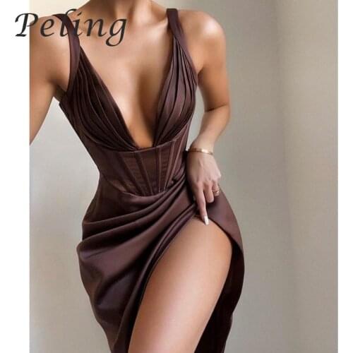 Fashion Women Dresses 2021 Summer Satin Party Dress Deep V-Neck High Split Sexy Midi Dress Female Sleeveless Night Club robe