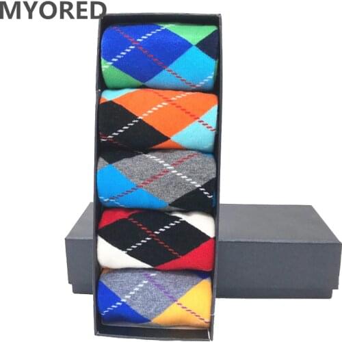 MYORED 5pairs/Lot mens cotton socks ARGYLE pattern for man casual dress classical long sock man couple wedding gift sock NO BOX