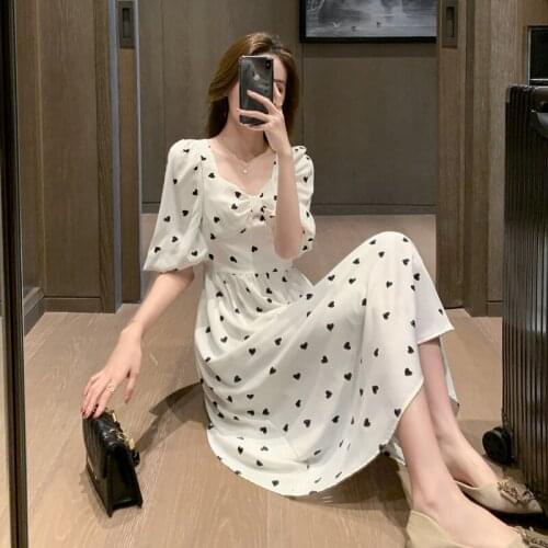 The New Short sleeve summer Love print Beach sweet dresses Casual Square collar floral maxidress