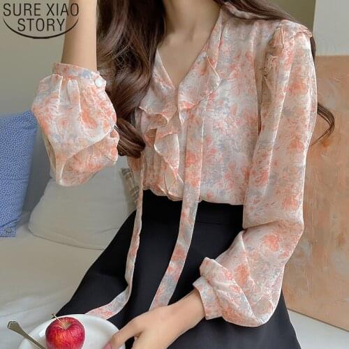 Autumn V-neck Sweet Floral Print Chiffon Blouse Fashion Ruffled Bow Tie Shirt Women Long Sleeve Shirt Tops Clothes Blusas 16559