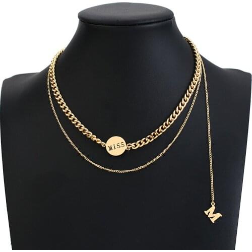 AENSOA Stainless Steel Geometric Round Pendant Necklace for Women Jewelry Minimalist Double Layer Gold Color M Letter Necklace