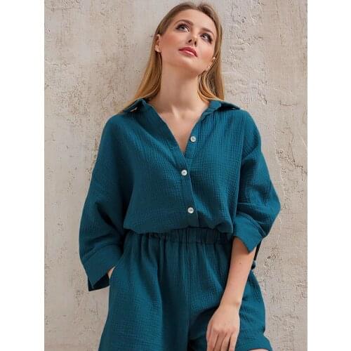 Pijamas Summer/Autumn Sexy Suits With Shorts 100%Cotton Women Pajama Feminino Summer Turn Down Collar Sleepwear Trousers Pocket