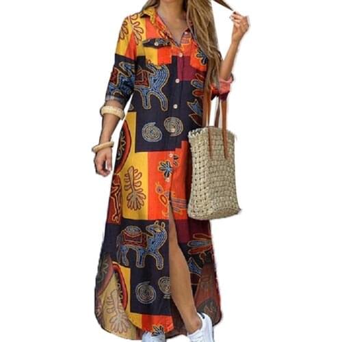 Summer Dress Women Dresses Maxi Dress Single-breasted Long Sleeve Printed Loose Maxi Shirt Dress платье летнее женское2021