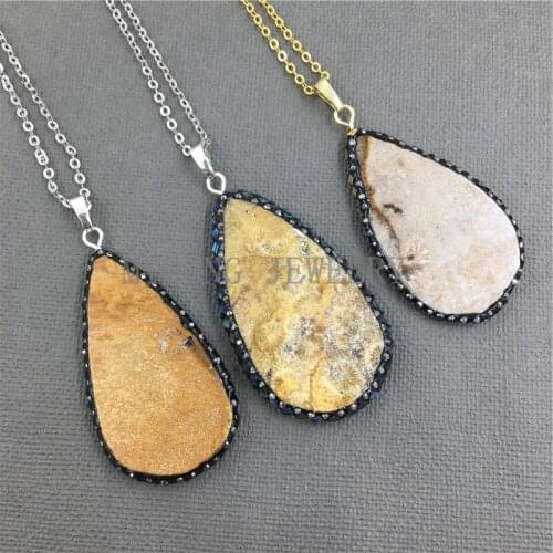 MY1024 Teardrop Chrysanthemum Stone Pendant Pave Rhinestone Abalone Shell Gem Stone Druzy Pendant Charm Silver Or Gold Chain