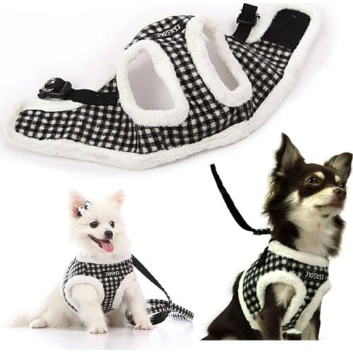 GLORIOUS KEK Winter Dog Harness and Leash Set Warm Fleece Lined Small Dogs Harness Lead Set Cute Plaid Dog Vest Strap Chihuahua
