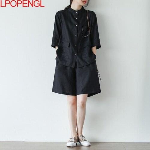 Cotton Linen Womens Tracksuit Suit Sportswear Women T-shirt Shorts Tracksuits Sets Female 2021 Summer Casual Short Pants Suits