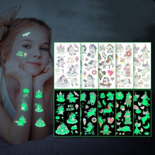 Luminous Night Tattoo Stickers For Children Unicorn Stars Temporary Waterproof Tatto Body Art Kid Halloween Cartoon Fake Tatoo