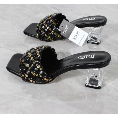 Ladies High Heel Slippers 2021 Summer New One-line Braided Belt Open Toe Square Heel Sandals Fashion Sequins Large Size 6CM