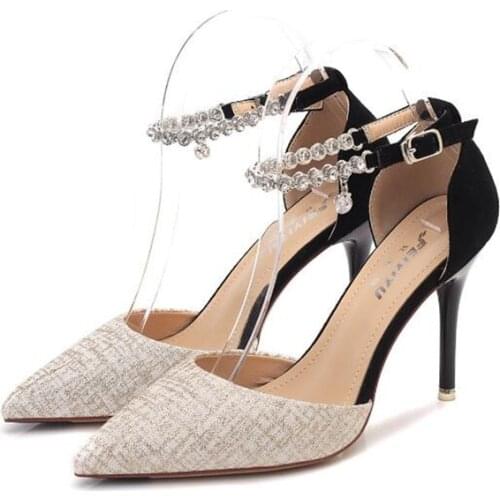 2019 HOT Summer Women Shoes Pointed Toe Pumps Cotton Fabric 9CM Thin High Heels Dress Casual Basic Wedding Shoes Black gold