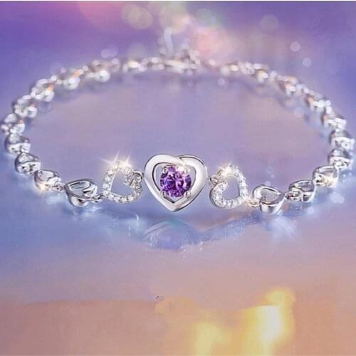 Everoyal Vintage Female Crystal Heart Purple Bracelets For Lady Accessories Trendy Silver 925 Jewelry Bracelets For Women Bijou