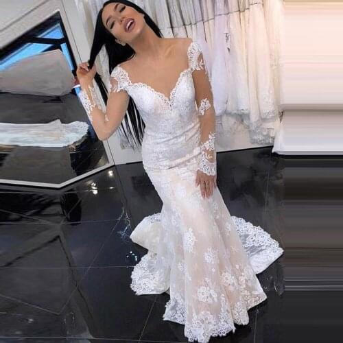 New Romantic Appliqued Mermaid Wedding Dresses Lace Long Sleeves Illusion Scoop Sweep Train Bridal Gown Custom Made