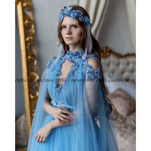 Blue Fairy Prom Dress Long Sleeves Tulle Beads 2021 Russia Style vestidos платье Evening Dress Formales Abendkleider