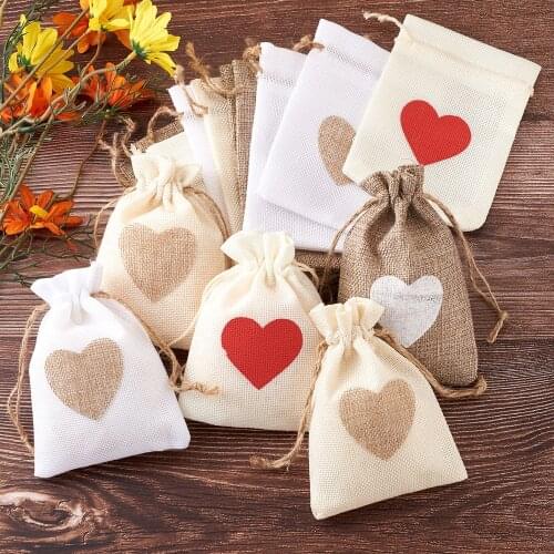 24Pcs Heart Pattern Burlap Bags with Drawstring Linen Jewelry Gift Pouches 4 Colors for DIY Craft Wedding Birthday Party Favors