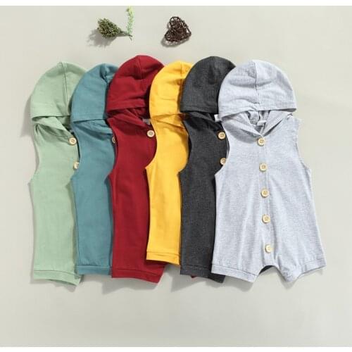 6 Color Baby Summer Hooded Outfits Romeprs Newborn Infant Boys Solid Sleeveless Button Hoodies Romper Jumpsuits Overalls Costume