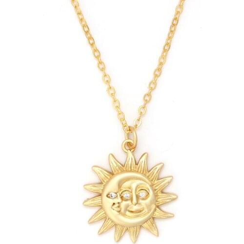 Fashion Gold Color Long Chain Sun Moon Pendant Necklace For Women Men Trendy Crystal Statement Necklace Jewelry Birthday Gift