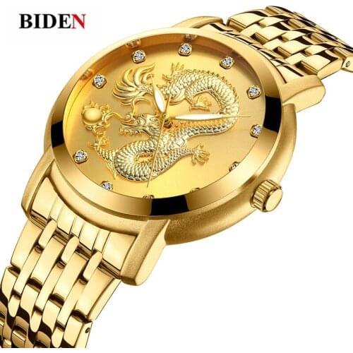 Mens Watches Top Brand Luxury Gold Dragon Stone Quartz Male Wristwatch Stainless Steel Sports Men Watch Clock relogio masculino
