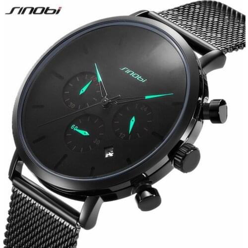 SINOBI Sports Date Men Watches Mens Business Dress Watches Men Ultra Thin Dial Quartz Slim Mesh Watch Casual Relogio Masculino