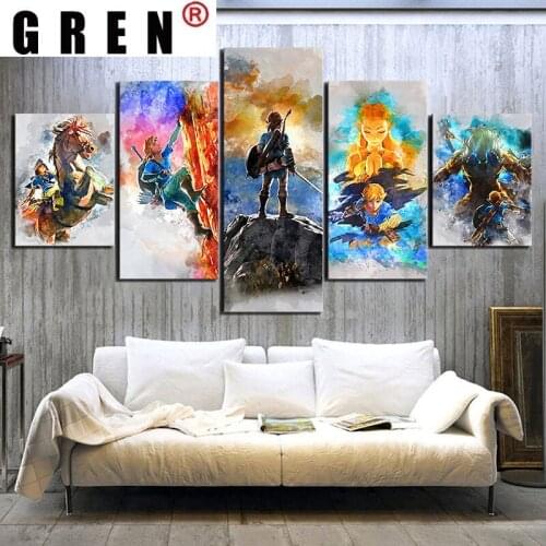 GREN Canvas Paintings 5 Panels Zelda Gamer Anime Wall Art HD Posters Pictures Home Decor Accessories Living Room Decoration