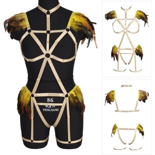 Punk Goth Feathers Accessories Full Body Hollow Bra Sexy Lingerie Set Harness For Women Adjust Waist Size Festival Rave Costume