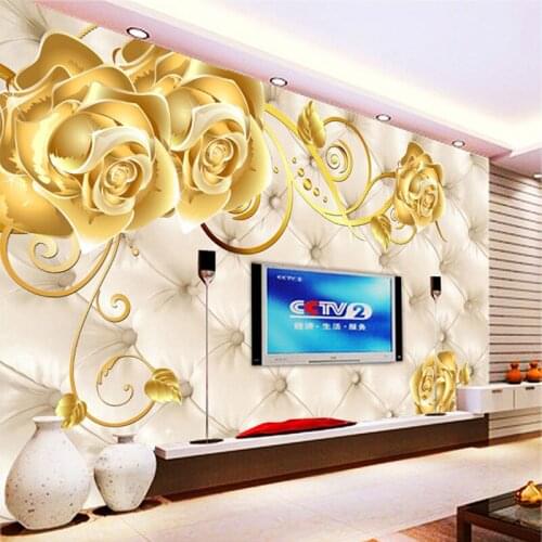 Leather Texture 3d Gold Rose Flower Wallpaper Murals papel de parede for Living Room TV background 3D Flower Wall paper mural