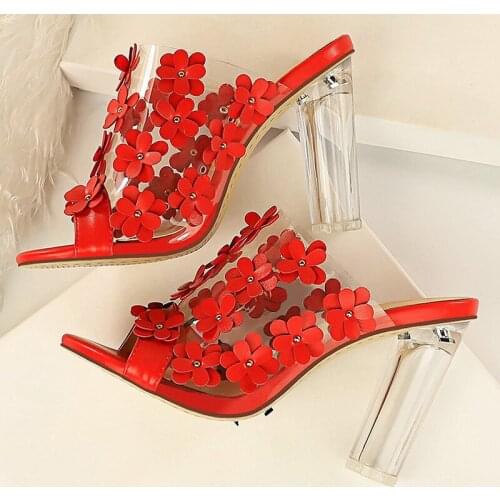 New Summer Women Pink 9.5cm High Heels Mules Sandals Clear Block Heels Slides Flower Transparent Heels Peep Toe Slippers Shoes