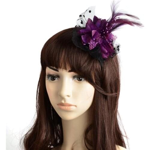 2019 New Purple Net Organza Feather Flower Corsage Hair Clip for Girls Brooch Pin Bridal Party Wedding Brides Hair Accessories