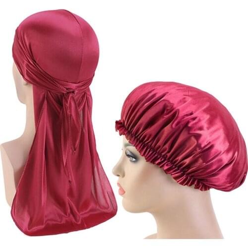 NEW Hijab Silky Durag Long Tail And Wide Straps Waves For men Solid Wide Doo Rag Bonnet Cap Comfortable Sleeping Hat Inner Cap