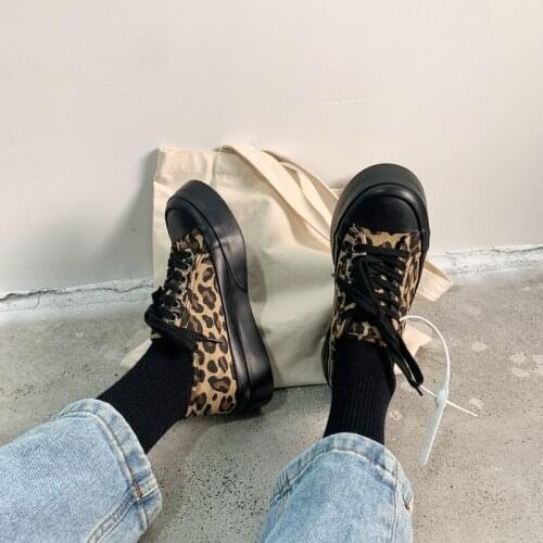 Leopard Print Canvas Shoes Women Korean Ulzzang Students Thick-soled Increased Casual Shoes Retro All-match Board Shoes Women