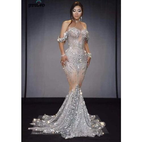 Luxury rhinestone Crystals Hight Elastic mermaid long dress sexy off the shoulder dance stage Customes dress for wedding party