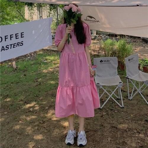 Dress Round Neck Short-sleeved Dress Female Summer New Style Korean Style High Waist Slimming Casual Midi Skirt