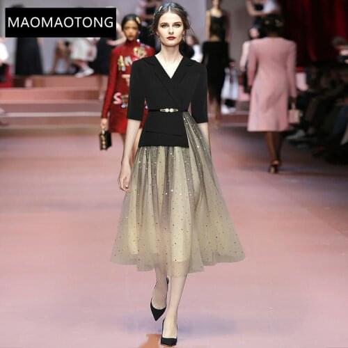 Fashion Designer Summer Dress Womens Elegant V-neck Half sleeve Splicing Mesh Sequins Gorgeous Party Dress