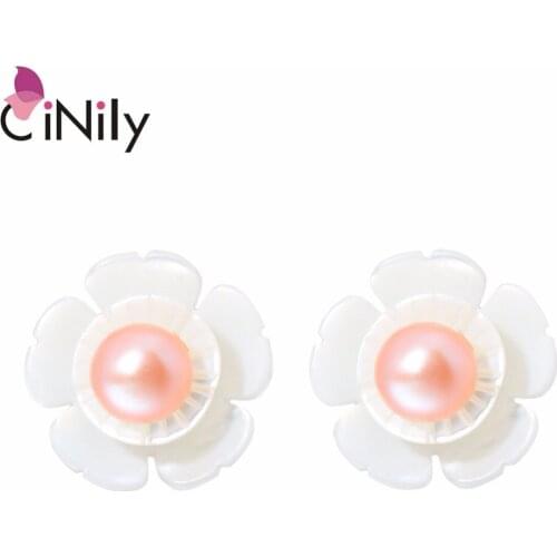 CiNily Created Shell Pearl Authentic 100% Solid 925 Sterling Silver Wholesale Flower for Women Jewelry Stud Earrings SE027