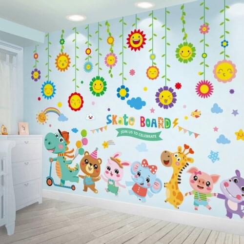 [shijuekongjian] Dinosaur Animals Wall Stickers DIY Sunflowers Wall Decals for Kids Rooms Baby Bedroom Nursery House Decoration
