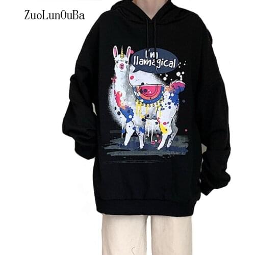 Spring Autumn Coat Long Hoody Women Cartoon Llama Hoodies Black Loose Sweatshirt Thin Pullover
