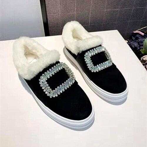 Winter Flat Shoes Women Rhinestone Square Buckle Loafers Comfortable Cashmere Ladies Shoes Casual Round Toe Zapatos De Mujer