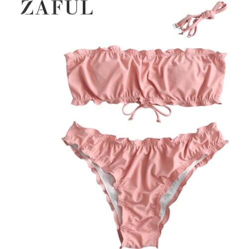 ZAFUL Swimsuit 2020 Biquini Daisy Print Lettuce Lace-Up Strapless Off The Shoulder Bandeau Bikini Swimwear Women Sexy Bathing