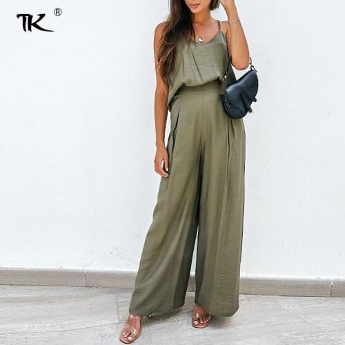Womens Solid Suit V-Neck Backless Tank Tops Wide Leg Straight Loose Pants Two Piece Women Set Casual Ladies Summer Fashion 2021