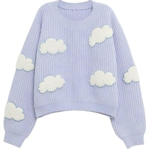 Women Japanese Warm Blue Sky White Clouds Cute Long-sleeved Round Neck Sweater Knitting Elegant Loose College Style Top 2021