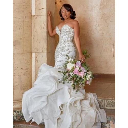 Fashion African Mermaid Wedding Dress Vestido novia Applique Gowns Robes de Mariée Ruffles Skirt Plus Size Bride Wear